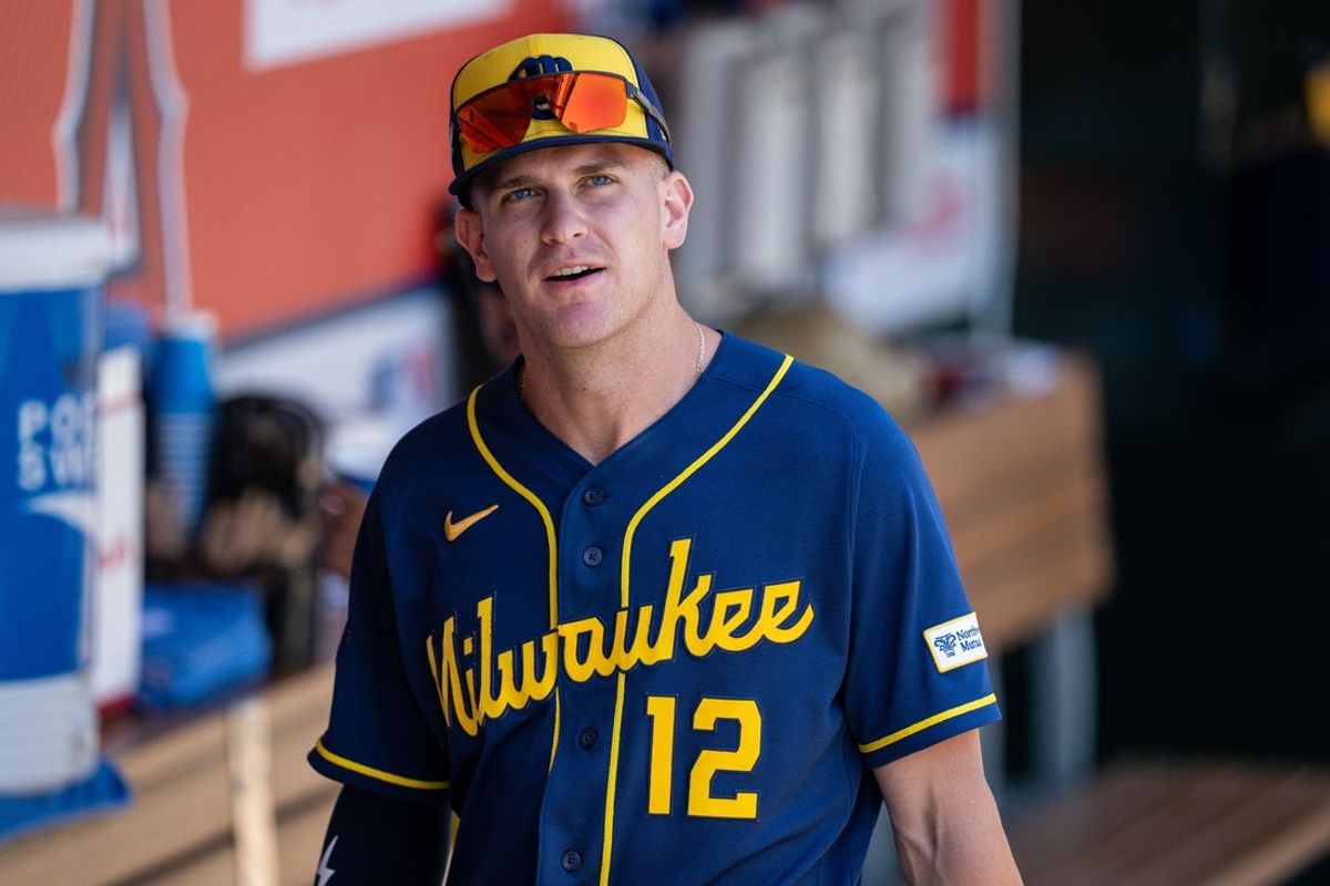 Aug 2, 2026; Anaheim, California, USA; Milwaukee Brewers shortstop Cooper Pratt (12) during pregame warmup before a game against the Los Angeles Angels at Angel Stadium. Mandatory Credit: Jon Endow-Imagn Images