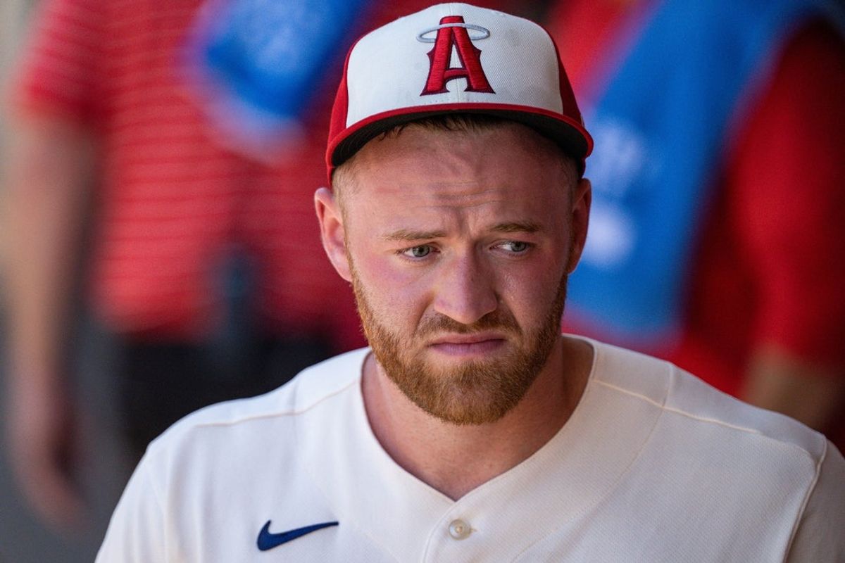 Aug 2, 2026; Anaheim, California, USA; Los Angeles Angels pitcher Sam Bachman (40) reacts after exiting the game due to injury in the eighth inning against the Milwaukee Brewers at Angel Stadium. Mandatory Credit: Jon Endow-Imagn Images