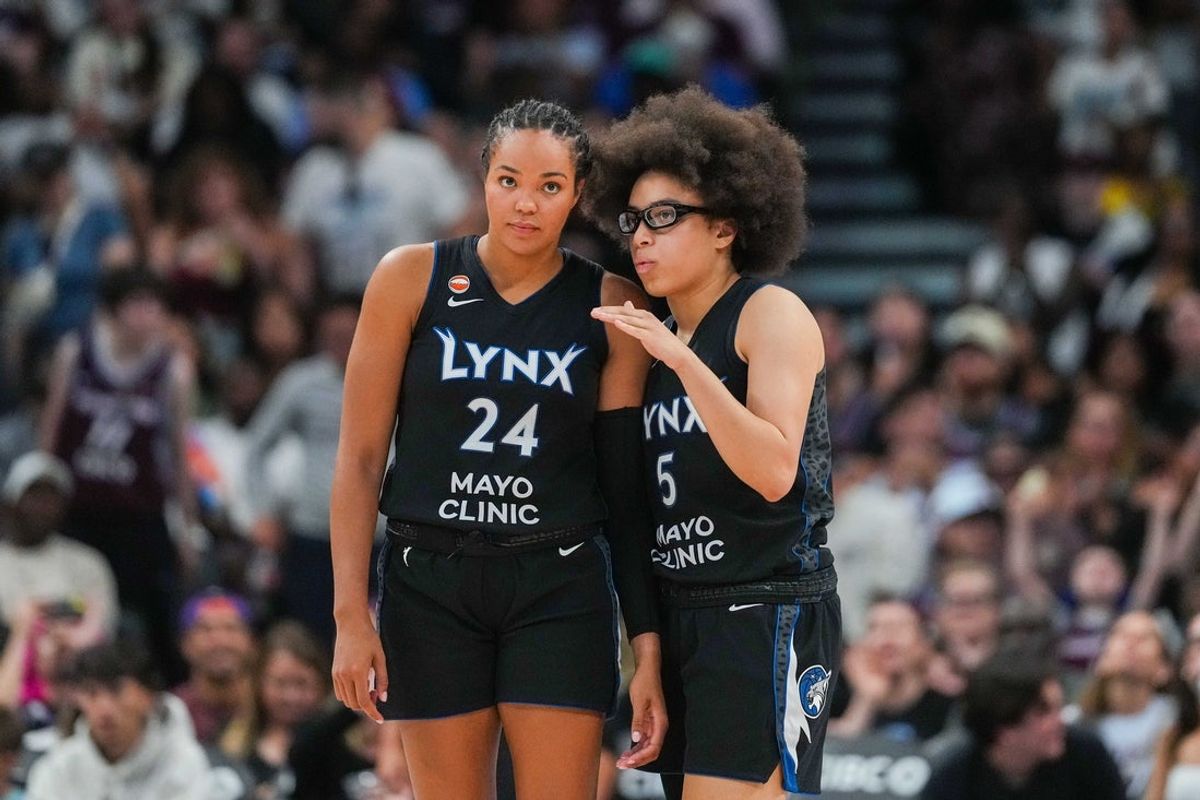 Jul 30, 2026; Toronto, Ontario, CAN;  Minnesota Lynx guard Olivia Miles (5) huddles with forward Napheesa Collier (24) at a WNBA game against the Toronto Tempo at Scotiabank Arena. Mandatory Credit: Kevin Sousa-Imagn Images