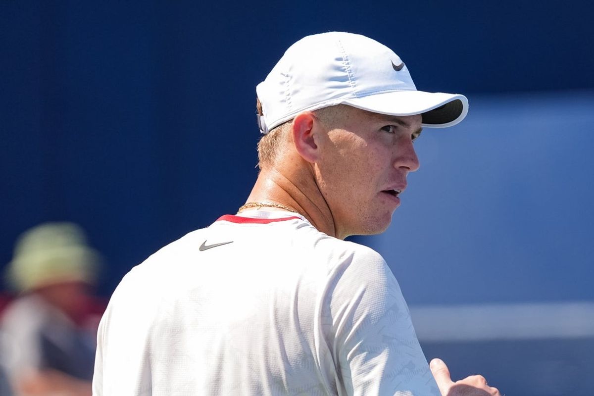 Aug 4, 2026; Montreal, QC, Canada; Martin Damm (USA) looks on against Stefanos Tsitsipas (GRE) in first round play at IGA Stadium. Mandatory Credit: David Kirouac-Imagn Images