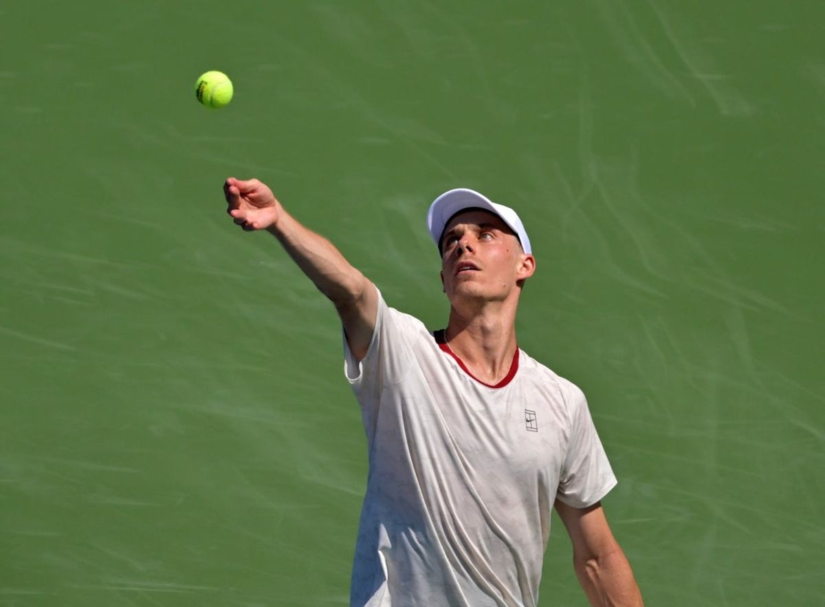 Aug 4, 2026; Montreal, QC, Canada; Denis Shapovalov (CAN) serves against Zachary Svajda (USA) during first round play at IGA Stadium. Mandatory Credit: Eric Bolte-Imagn Images