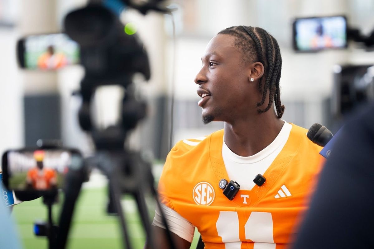Tennessee quarterback Faizon Brandon (11) speaks to the media during Tennessee football’s media day on Aug. 4, 2026.