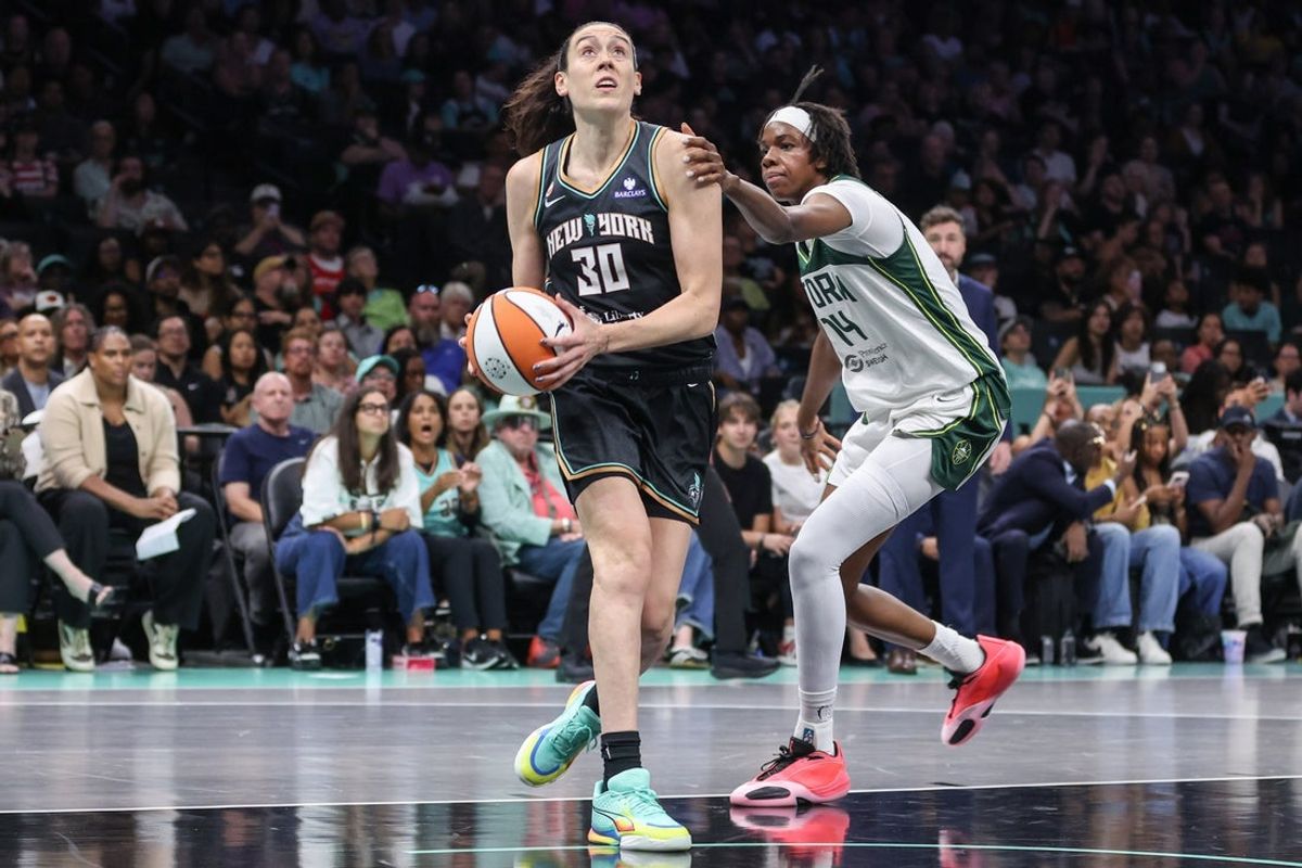 Aug 3, 2026; Brooklyn, New York, USA;  New York Liberty forward Breanna Stewart (30) and Seattle Storm center Dominique Malonga (14) at Barclays Center. Mandatory Credit: Wendell Cruz-Imagn Images