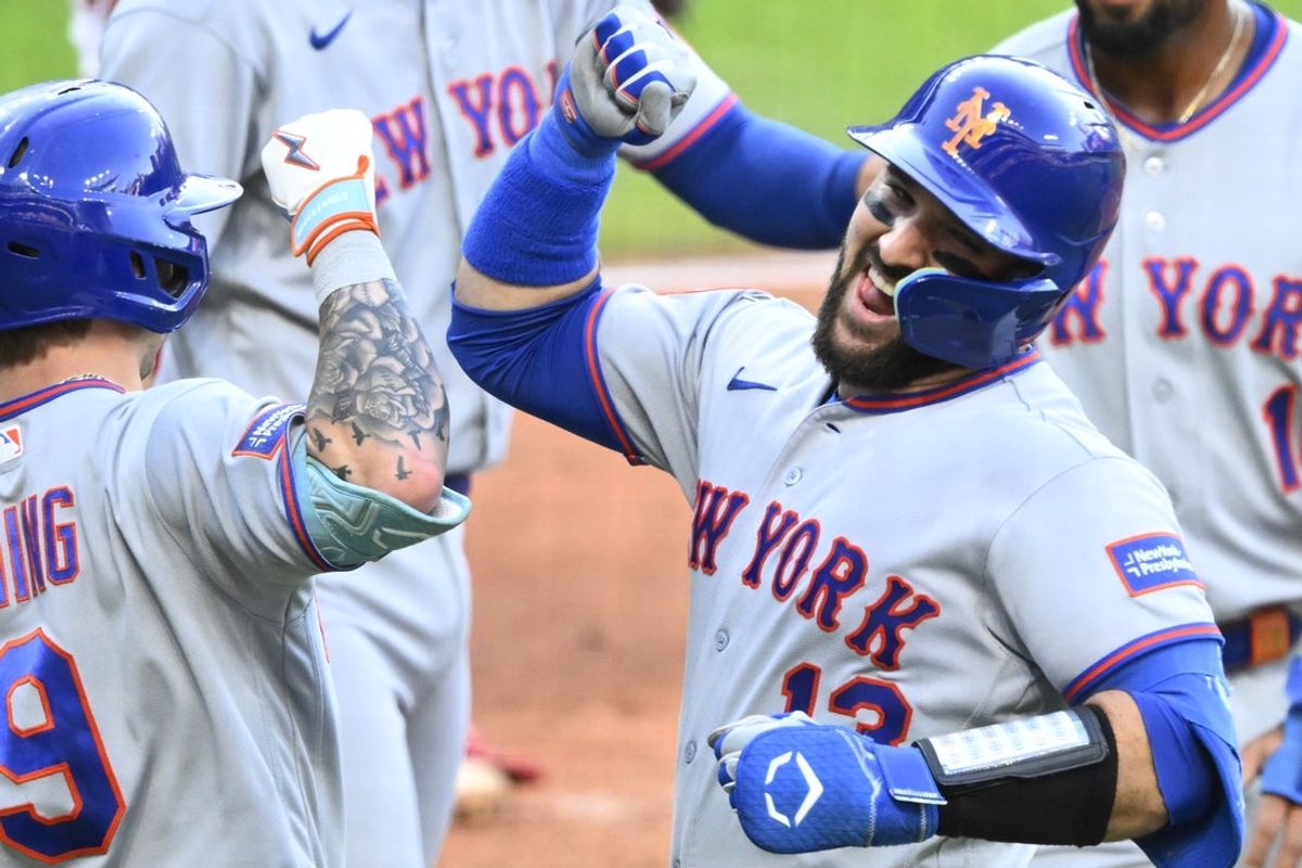 Aug 4, 2026; Cleveland, Ohio, USA; New York Mets catcher Luis Torrens (13) celebrates his three-run home run in the second inning against the Cleveland Guardians at Progressive Field. Mandatory Credit: David Richard-Imagn Images