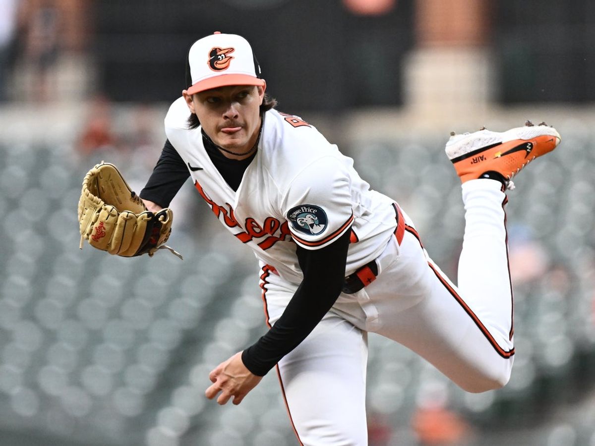 Aug 4, 2026; Baltimore, Maryland, USA;  Baltimore Orioles pitcher Cade Povich (37) delivers a pitch during the first inning against the Los Angeles Angels at Oriole Park at Camden Yards. Mandatory Credit: James A. Pittman-Imagn Images