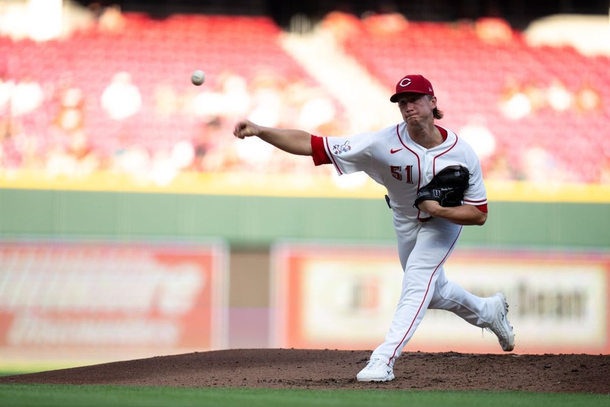 Cincinnati Reds pitcher Brady Singer (51) pitches in the third inning between the Athletics and Cincinnati Reds at Great American Ball Park in Cincinnati on Tuesday, August 4, 2026.