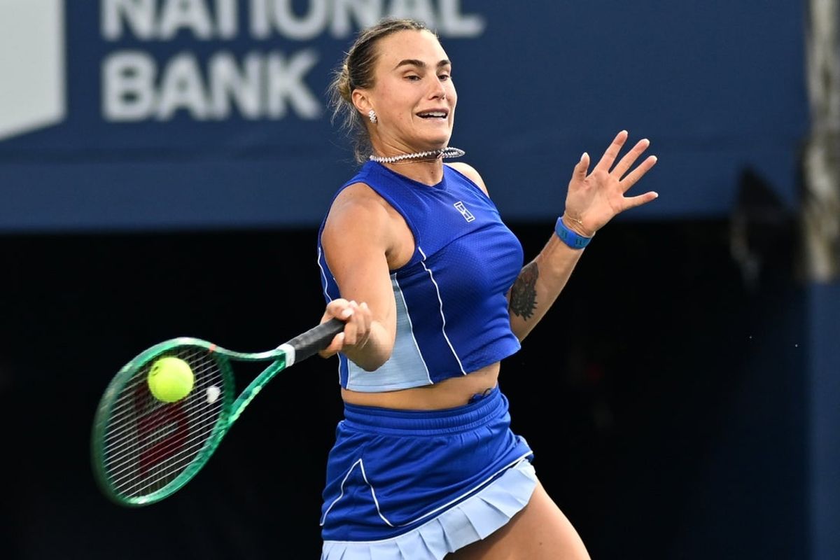 Aug 4, 2026; Toronto, Ontario, Canada;  Aryna Sabalenka plays a shot against Moyuka Uchijima (JPN) during second round play at Sobeys Stadium. Mandatory Credit: Dan Hamilton-Imagn Images