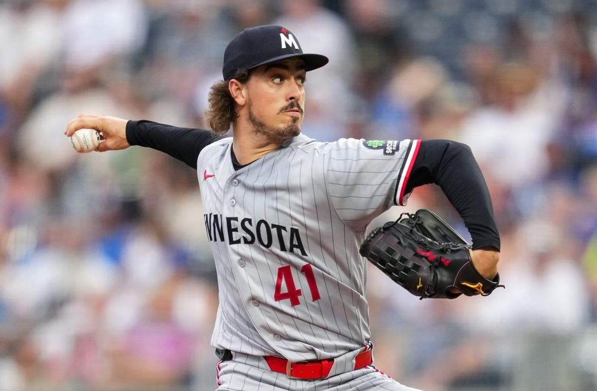 Aug 4, 2026; Kansas City, Missouri, USA; Minnesota Twins pitcher Joe Ryan (41) pitches during the first inning against the Kansas City Royals at Kauffman Stadium. Mandatory Credit: Jay Biggerstaff-Imagn Images