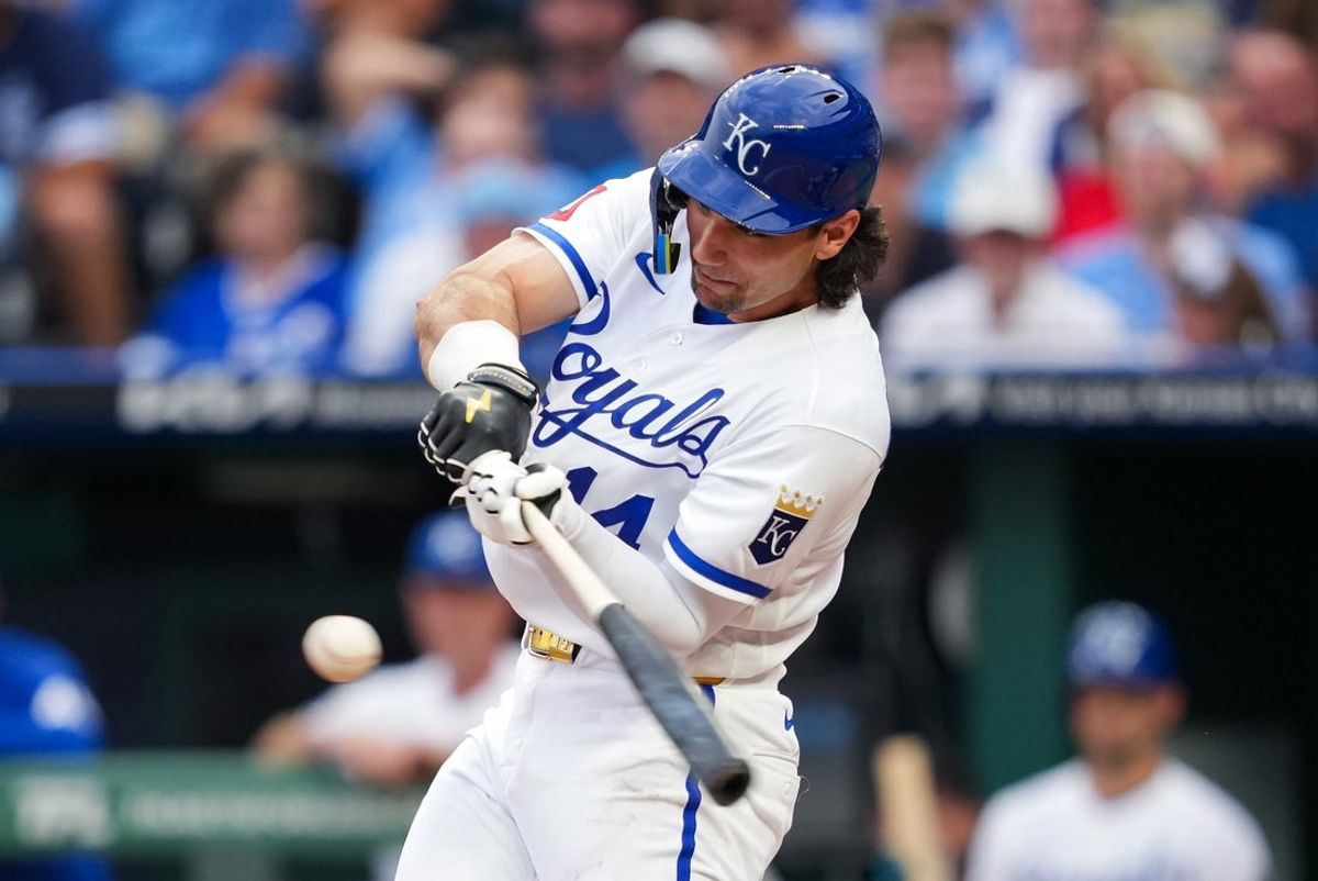 Aug 4, 2026; Kansas City, Missouri, USA; Kansas City Royals first baseman Jac Caglianone (14) hits a single during the first inning against the Minnesota Twins at Kauffman Stadium. Mandatory Credit: Jay Biggerstaff-Imagn Images