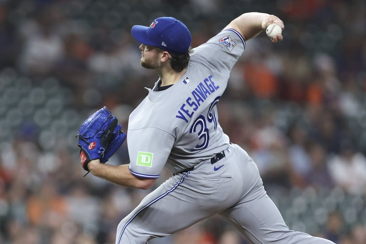 Aug 4, 2026; Houston, Texas, USA; Toronto Blue Jays starting pitcher Trey Yesavage (39) delivers a pitch during the first inning against the Houston Astros at Daikin Park. Mandatory Credit: Troy Taormina-Imagn Images
