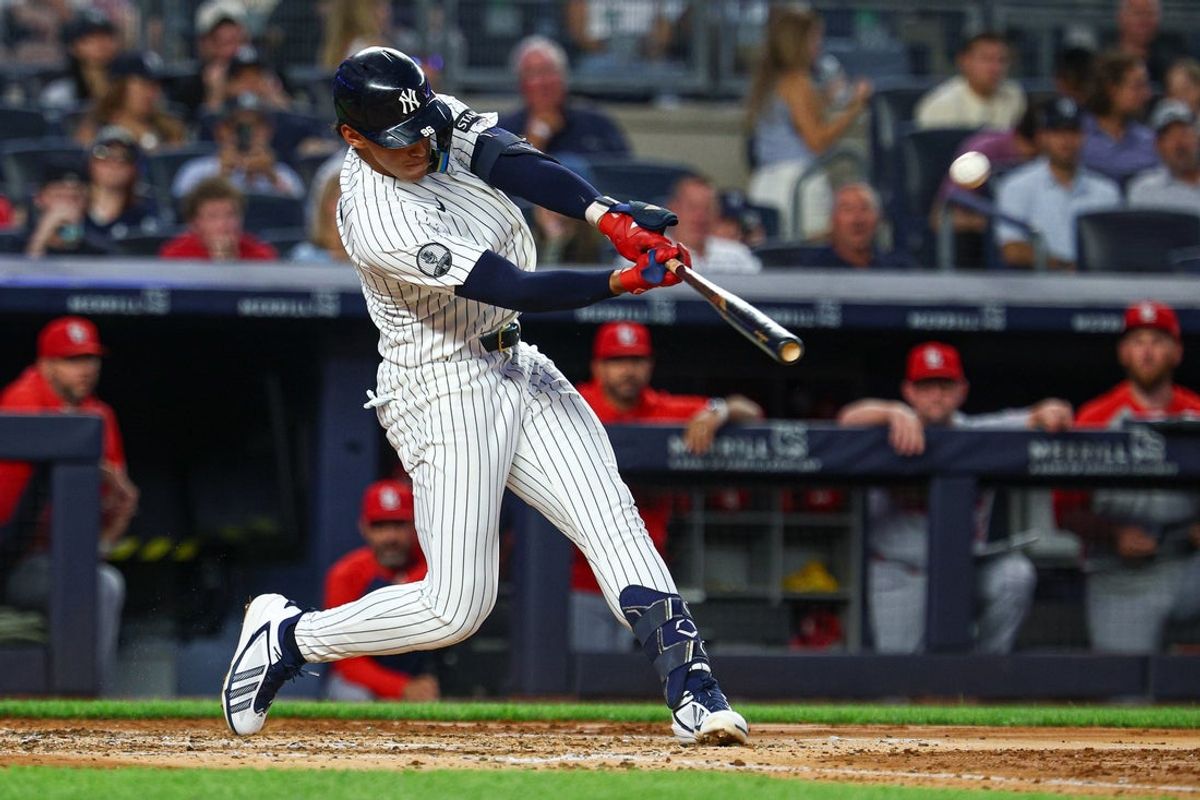 Aug 4, 2026; Bronx, New York, USA;  New York Yankees shortstop George Lombard Jr. (96) hits a solo home run during the fifth inning against the St. Louis Cardinals at Yankee Stadium. Mandatory Credit: Vincent Carchietta-Imagn Images