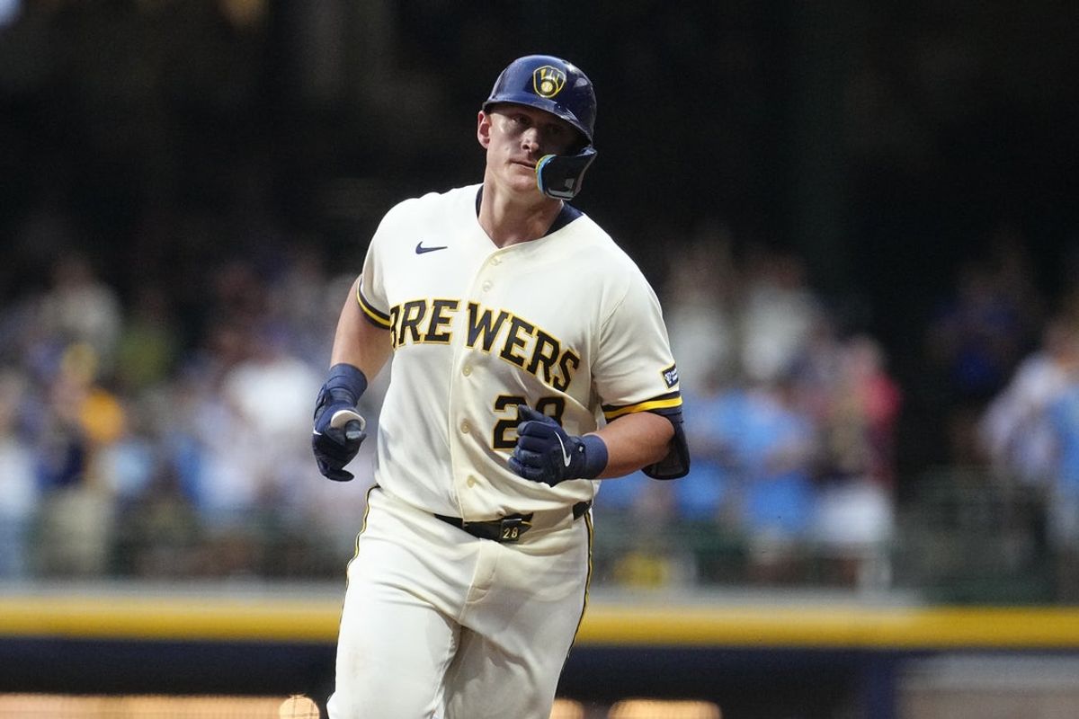 Aug 4, 2026; Milwaukee, Wisconsin, USA;  Milwaukee Brewers first baseman Andrew Vaughn (28) rounds the bases after hitting a home run against the Pittsburgh Pirates in the fourth inning at American Family Field. Mandatory Credit: Michael McLoone-Imagn Images