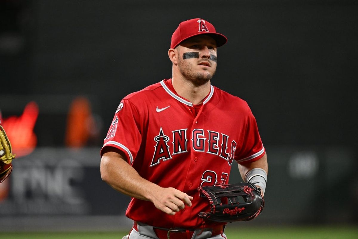 Aug 4, 2026; Baltimore, Maryland, USA; Los Angeles Angels center fielder Mike Trout (27) looks to the crowd during the seventh inning against the Baltimore Orioles at Oriole Park at Camden Yards. Mandatory Credit: James A. Pittman-Imagn Images