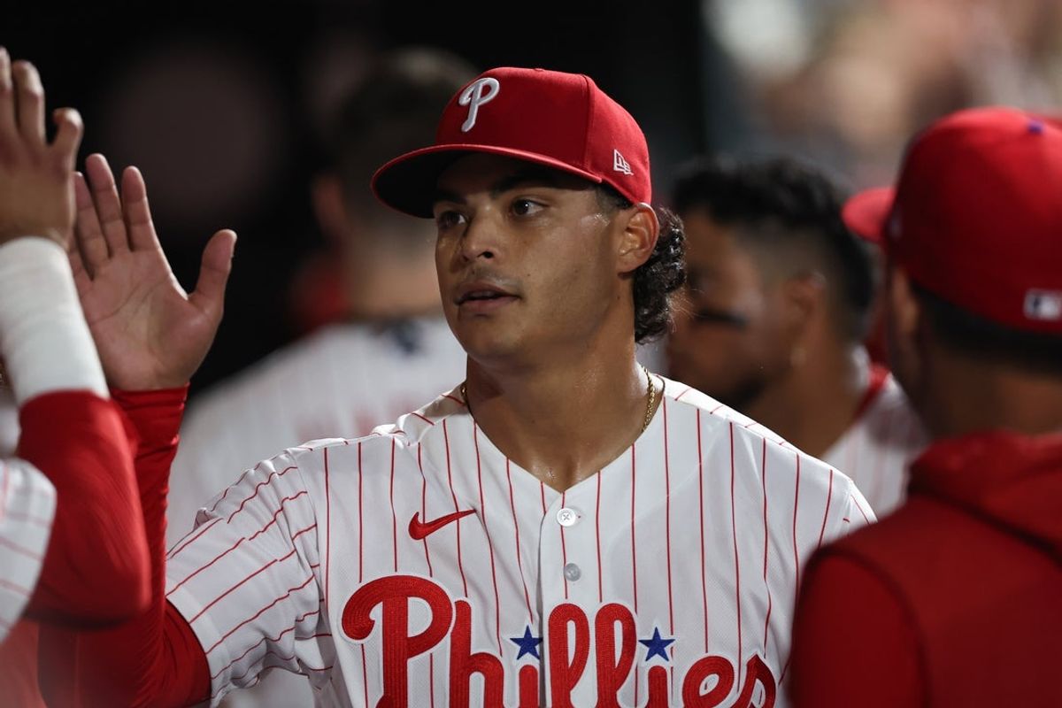 Aug 4, 2026; Philadelphia, Pennsylvania, USA; Philadelphia Phillies pitcher Jesus Luzardo (44) high fives in the dugout after pitching out of the eighth inning against the Washington Nationals at Citizens Bank Park. Mandatory Credit: Bill Streicher-Imagn Images