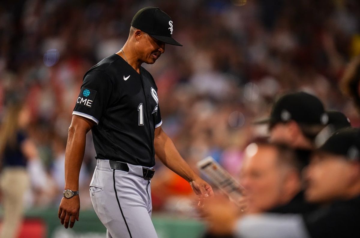 Aug 4, 2026; Boston, Massachusetts, USA; Chicago White Sox manager Will Venable (1) returns to the dugout after a pitching change as they take on the Boston Red Sox in the sixth inning at Fenway Park. Mandatory Credit: David Butler II-Imagn Images