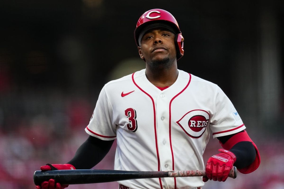Aug 4, 2026; Cincinnati, Ohio, USA;  Cincinnati Reds third baseman Ke'bryan Hayes reacts after striking out against the Athletics in the fifth inning at Great American Ball Park. Mandatory Credit: Aaron Doster-Imagn Images