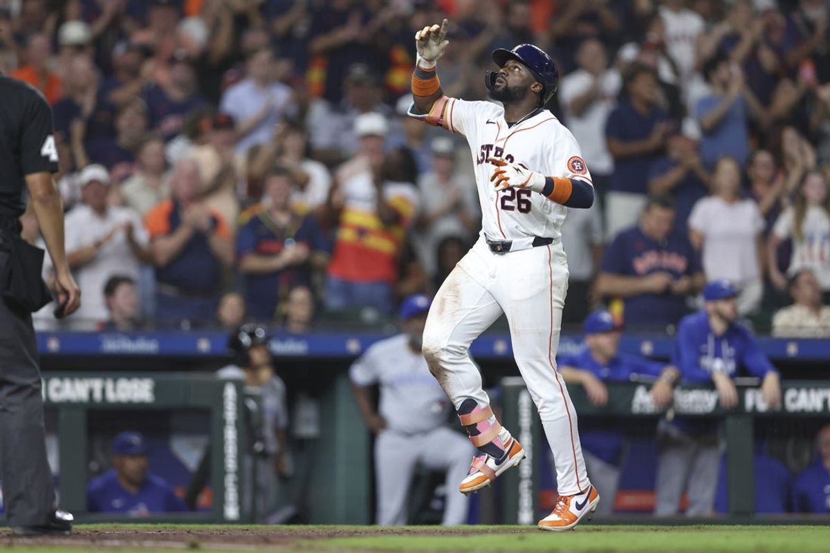 Aug 4, 2026; Houston, Texas, USA; Houston Astros left fielder Taylor Trammell (26) rounds the bases after hitting a home run during the fifth inning against the Toronto Blue Jays at Daikin Park. Mandatory Credit: Troy Taormina-Imagn Images