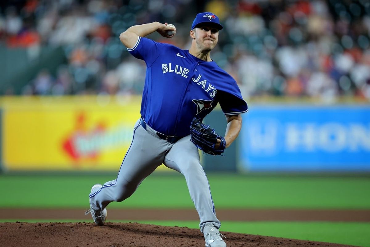 Aug 5, 2026; Houston, Texas, USA; Toronto Blue Jays pitcher Jameson Taillon (56) delivers a pitch against the Houston Astros during the first inning at Daikin Park. Mandatory Credit: Erik Williams-Imagn Images