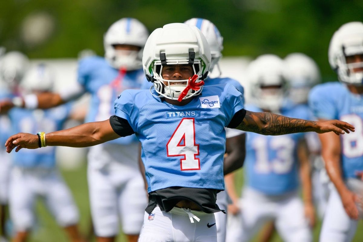 Aug 4, 2026; Nashville, TN, USA;  Tennessee Titans wide receiver Wan'Dale Robinson (4) goes through drills during training camp at Vanderbilt Health Football Center. Mandatory Credit: Steve Roberts-Imagn Images