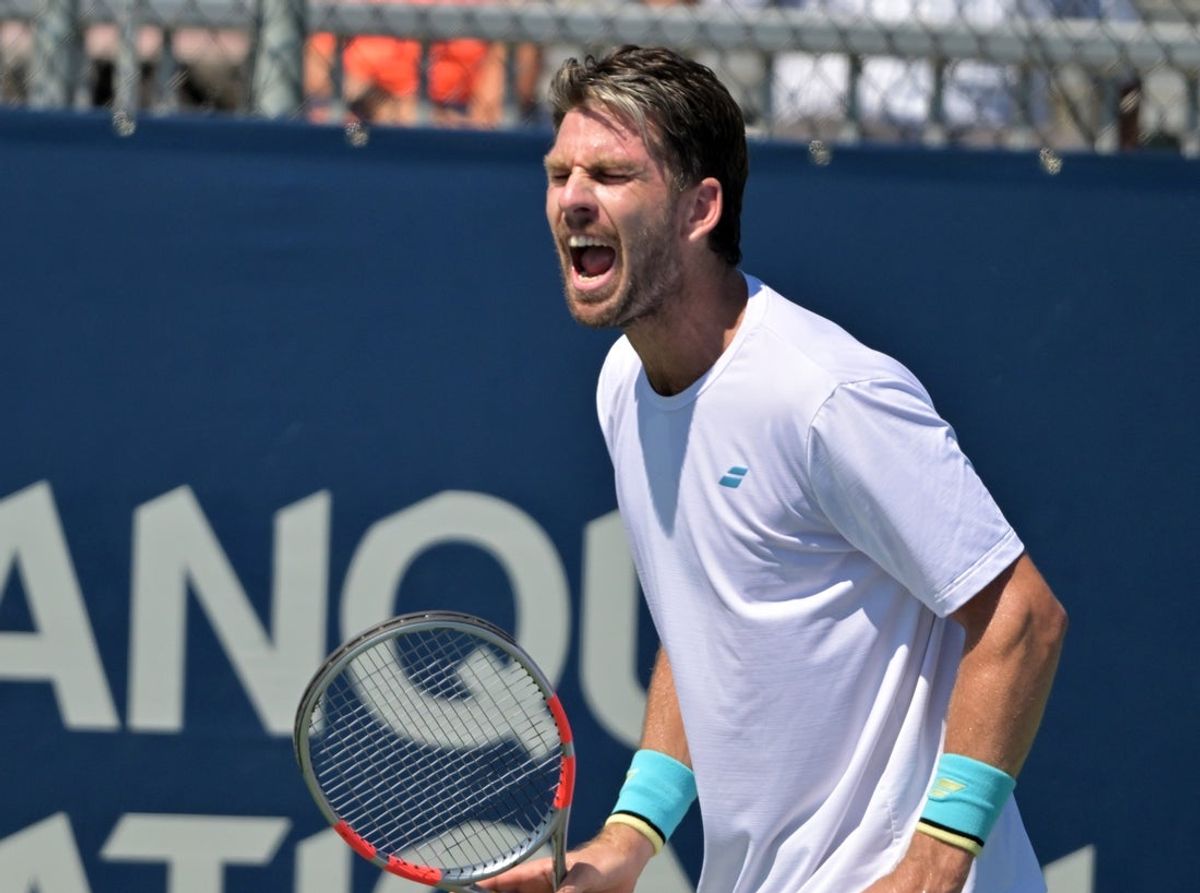 Aug 5, 2026; Montreal, QC, Canada; Ignacio Buse (PER) reacts after a point against Cameron Norrie (GBR) during second round play at IGA Stadium. Mandatory Credit: Eric Bolte-Imagn Images