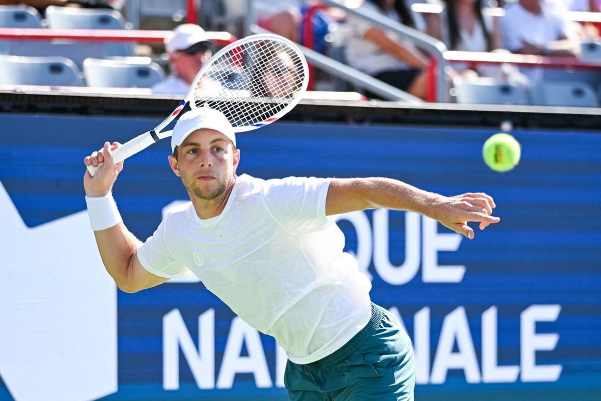 Aug 5, 2026; Montreal, QC, Canada; Tallon Griekspoor (NED) returns the ball to Alexander Zverev (GER) in second round play at IGA Stadium. Mandatory Credit: David Kirouac-Imagn Images