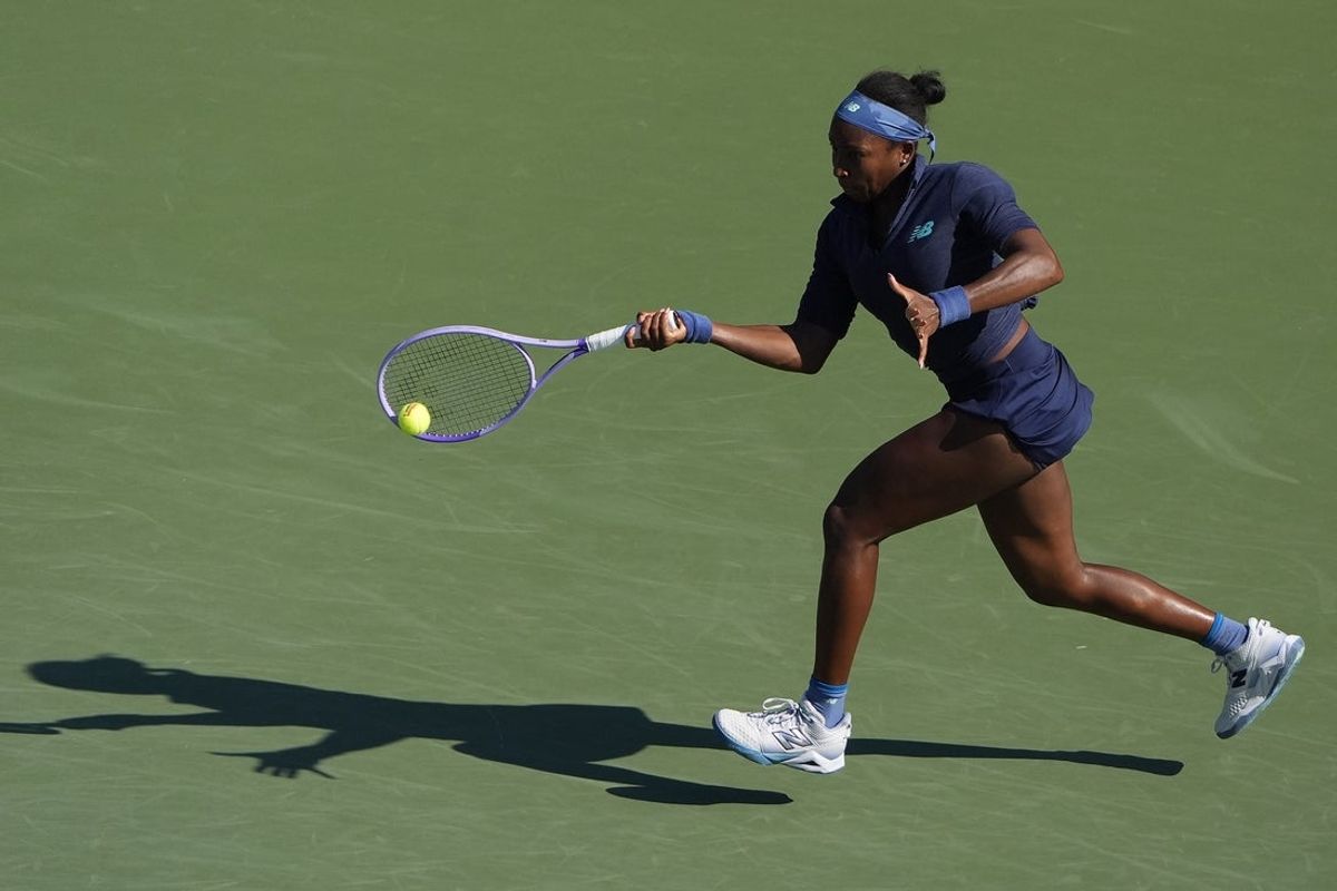 Aug 5, 2026; Toronto, Ontario, Canada; Coco Gauff (USA) hits a ball to Kayla Day (not pictured) during round two play of the National Bank Open at Sobeys Stadium. Mandatory Credit: John E. Sokolowski-Imagn Images