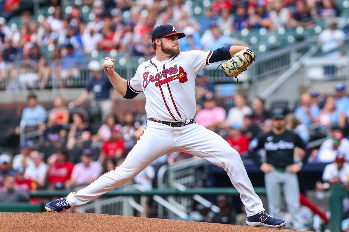 Aug 5, 2026; Cumberland, Georgia, USA; Atlanta Braves pitcher Bryce Elder (55) pitches the ball against the Miami Marlins during the first inning at Truist Park. Mandatory Credit: Jordan Godfree-Imagn Images