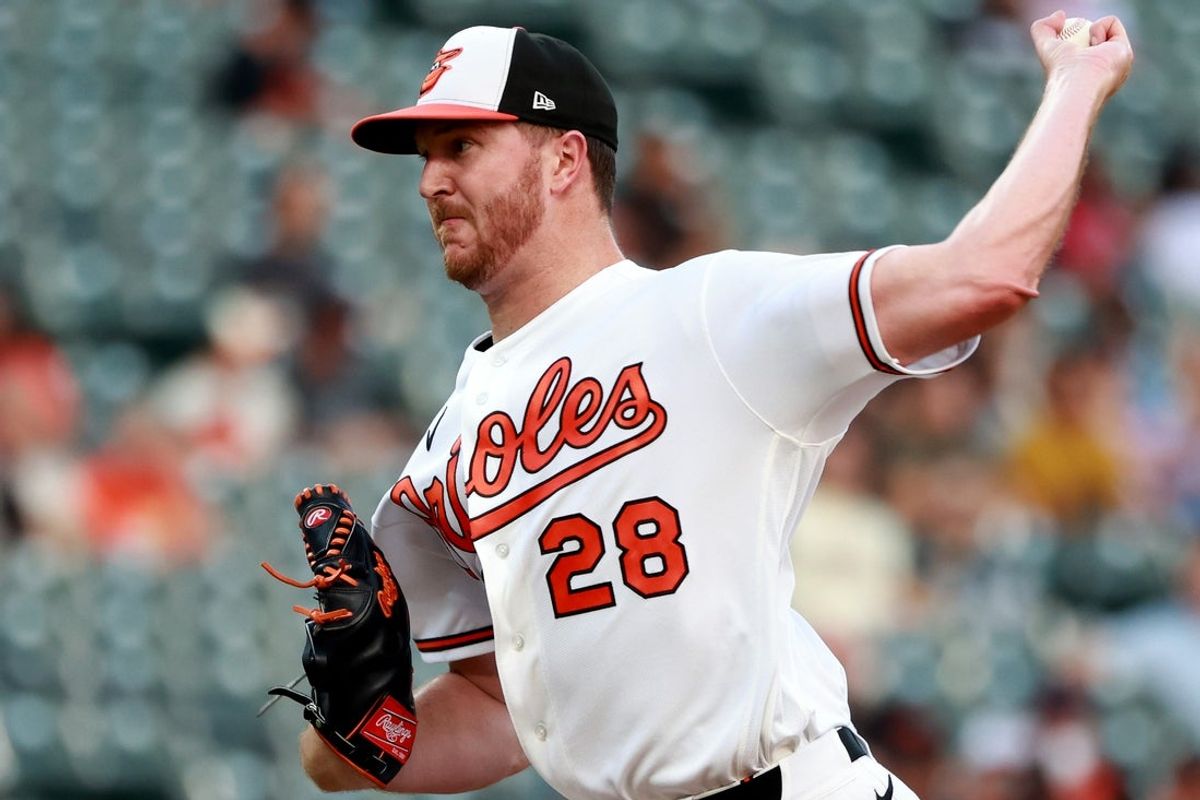 Aug 5, 2026; Baltimore, Maryland, USA; Baltimore Orioles pitcher Trevor Rogers (28) throws during the first inning against the Los Angeles Angels at Oriole Park at Camden Yards. Mandatory Credit: Daniel Kucin Jr.-Imagn Images