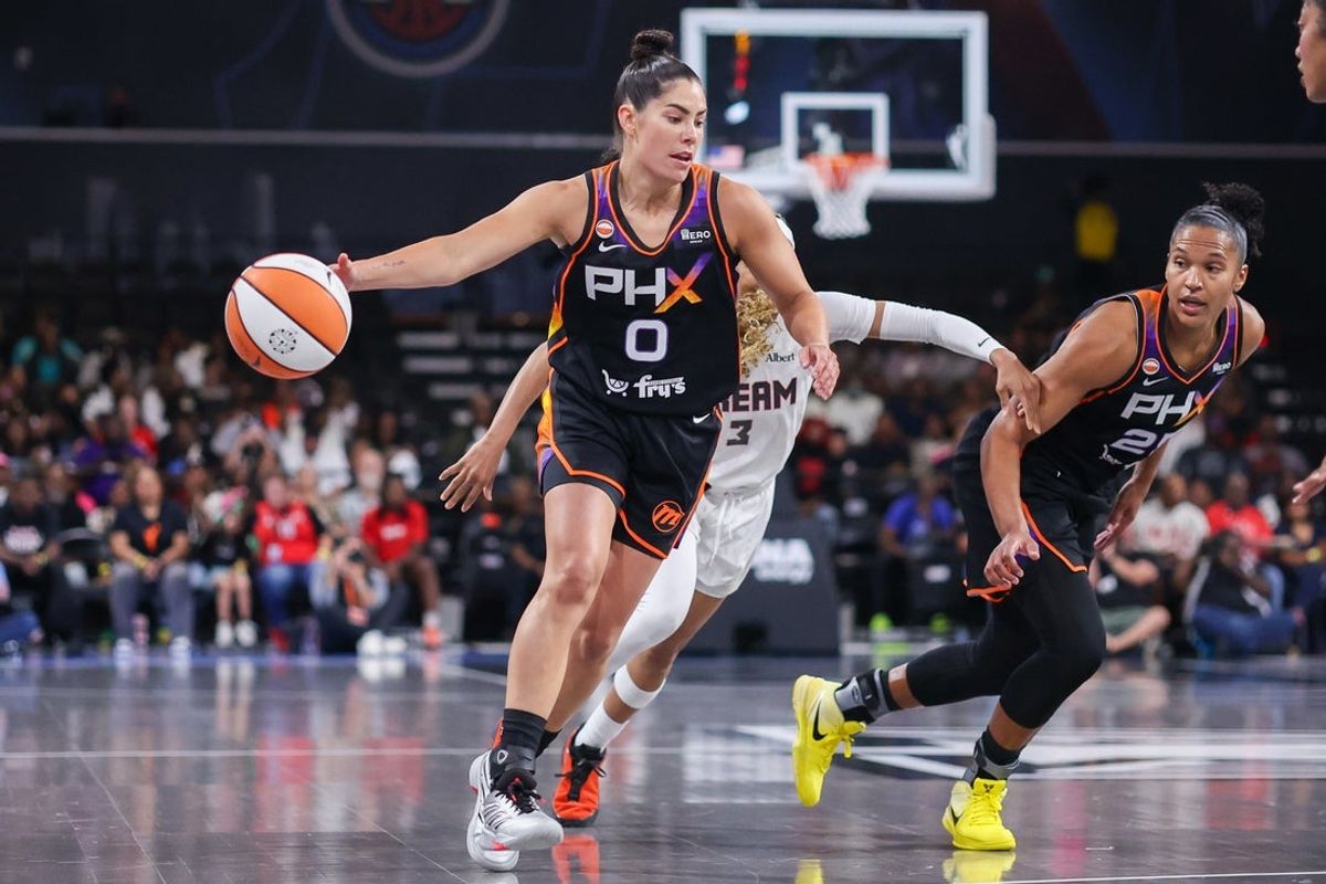 Aug 5, 2026; College Park, Georgia, USA; Phoenix Mercury guard Kelsey Plum (0) dribbles against the Atlanta Dream in the first quarter at Gateway Center Arena at College Park. Mandatory Credit: Brett Davis-Imagn Images