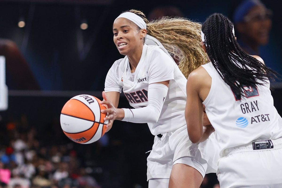 Aug 5, 2026; College Park, Georgia, USA; Atlanta Dream guard Jordin Canada (3) grabs a rebound against the Phoenix Mercury in the second quarter at Gateway Center Arena at College Park. Mandatory Credit: Brett Davis-Imagn Images