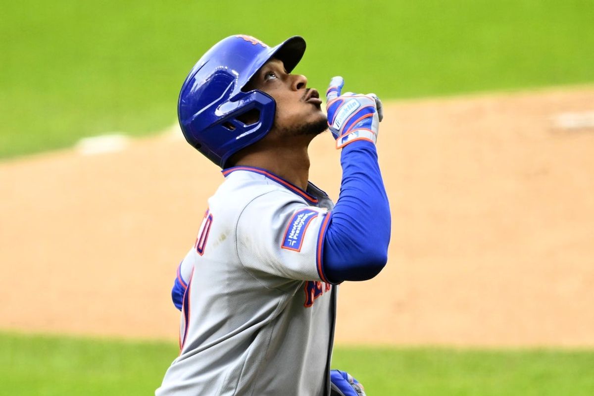 Aug 5, 2026; Cleveland, Ohio, USA; New York Mets designated hitter Jorge Polanco (11) celebrates his solo home run in the third inning against the Cleveland Guardians at Progressive Field. Mandatory Credit: David Richard-Imagn Images