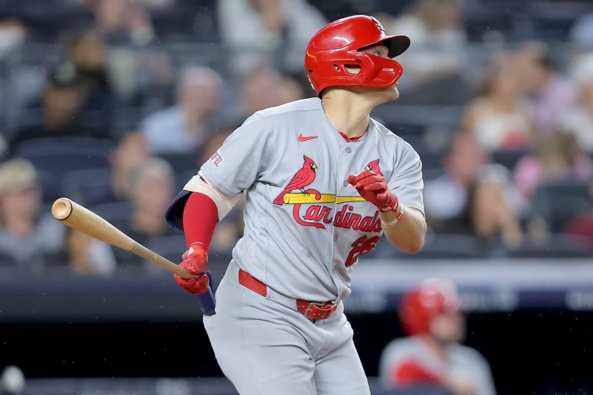 Aug 5, 2026; Bronx, New York, USA; St. Louis Cardinals shortstop JJ Wetherholt (26) follows through on a two run double against the New York Yankees during the fifth inning at Yankee Stadium. Mandatory Credit: Brad Penner-Imagn Images