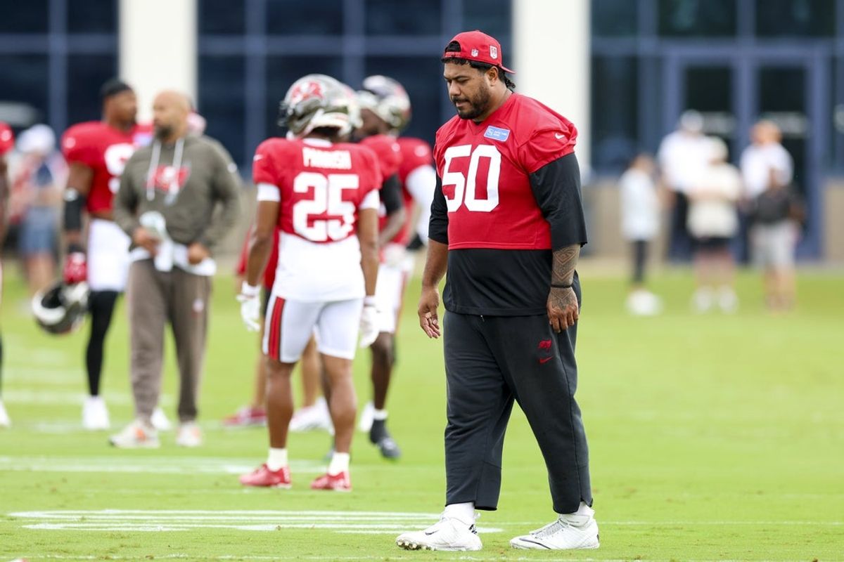 Aug 6, 2026; Tampa, FL, USA; Tampa Bay Buccaneers defensive tackle Vita Vea (50) looks on during training camp at AdventHealth Training Center. Mandatory Credit: Nathan Ray Seebeck-Imagn Images