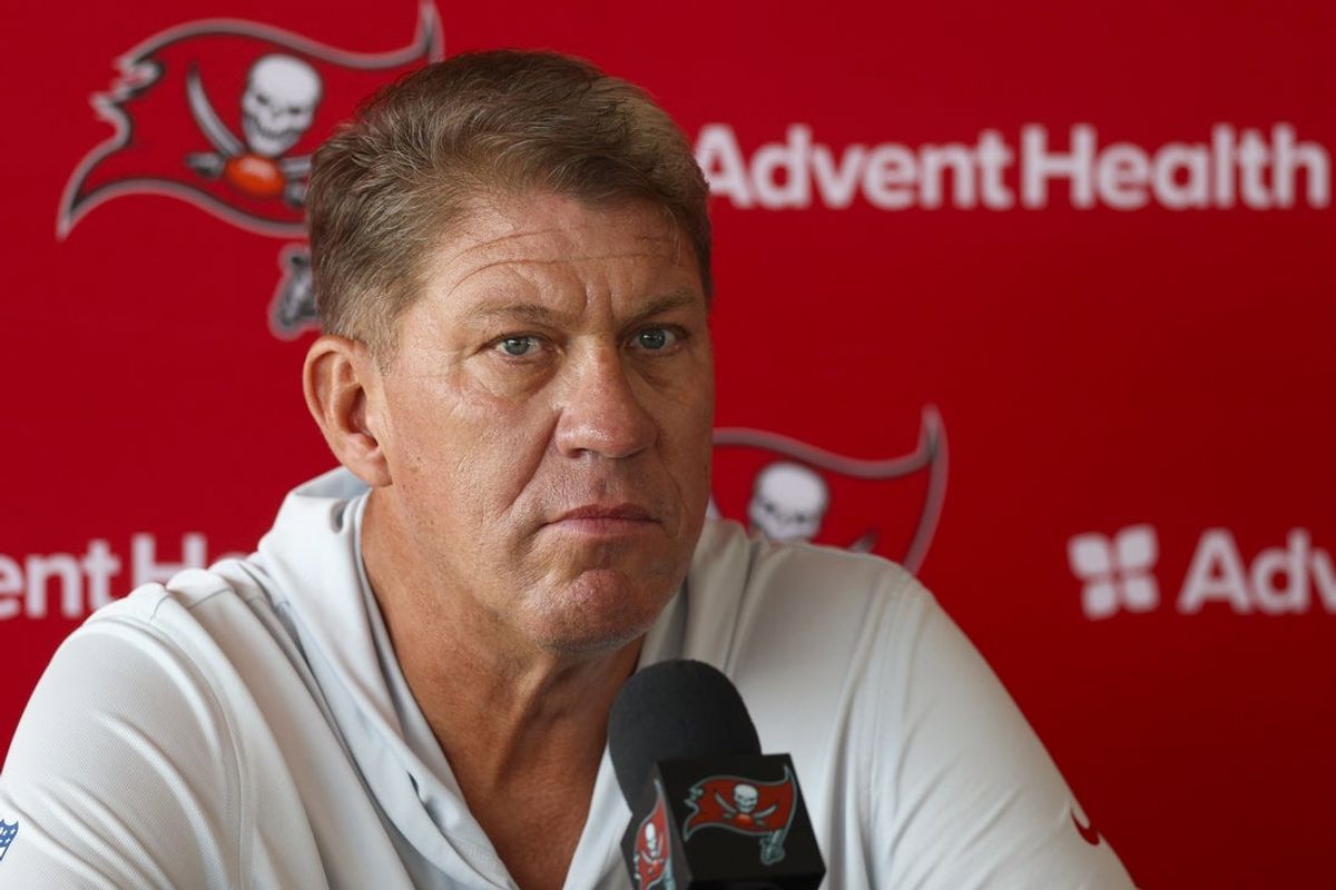 Aug 6, 2026; Tampa, FL, USA; Tampa Bay Buccaneers general manager Jason Licht talks to media after training camp at AdventHealth Training Center. Mandatory Credit: Nathan Ray Seebeck-Imagn Images
