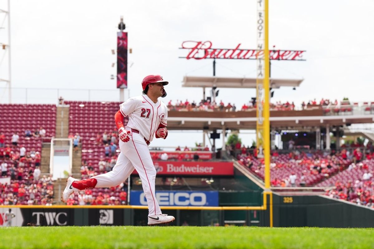 Aug 6, 2026; Cincinnati, Ohio, USA;  Cincinnati Reds first baseman Sal Stewart runs the bases after hitting a solo home run against the Athletics in the fourth inning at Great American Ball Park. Mandatory Credit: Aaron Doster-Imagn Images