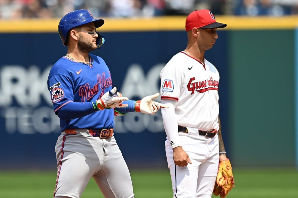 Aug 6, 2026; Cleveland, Ohio, USA; New York Mets third baseman Bo Bichette (19) celebrates after hitting a double during the fourth inning against the Cleveland Guardians at Progressive Field. Mandatory Credit: Ken Blaze-Imagn Images