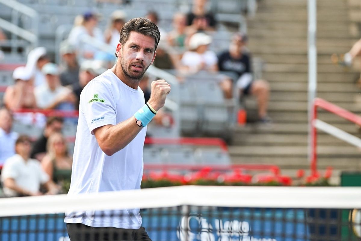 Aug 6, 2026; Montreal, QC, Canada; Cameron Norrie (GBR) reacts after scoring a point against Alex De Minaur (AUS) in third round play at IGA Stadium. Mandatory Credit: David Kirouac-Imagn Images