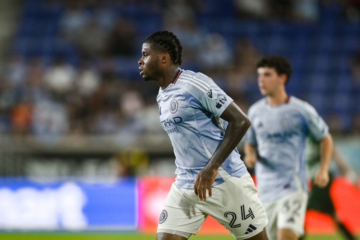 Aug 6, 2026; Harrison, NJ, USA; New York City defender Tayvon Gray (24) runs during the second half of the Leagues Cup Phase One match against Santos Laguna at Sports Illustrated Stadium. Mandatory Credit: John Jones-Imagn Images