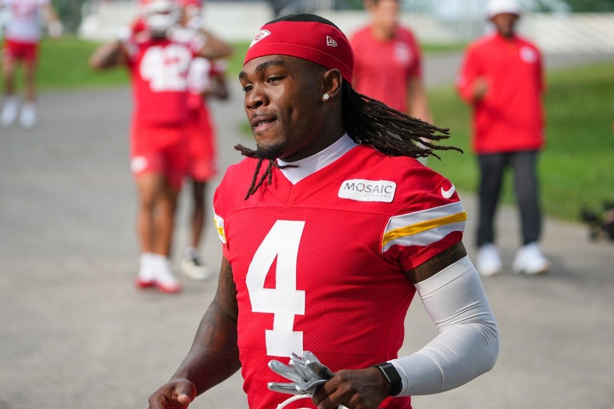 Jul 29, 2026; St. Joseph, MO, USA; Kansas City Chiefs wide receiver Rashee Rice (4) walks down the hill to the practice fields during training camp at Missouri Western State University. Mandatory Credit: Denny Medley-Imagn Images