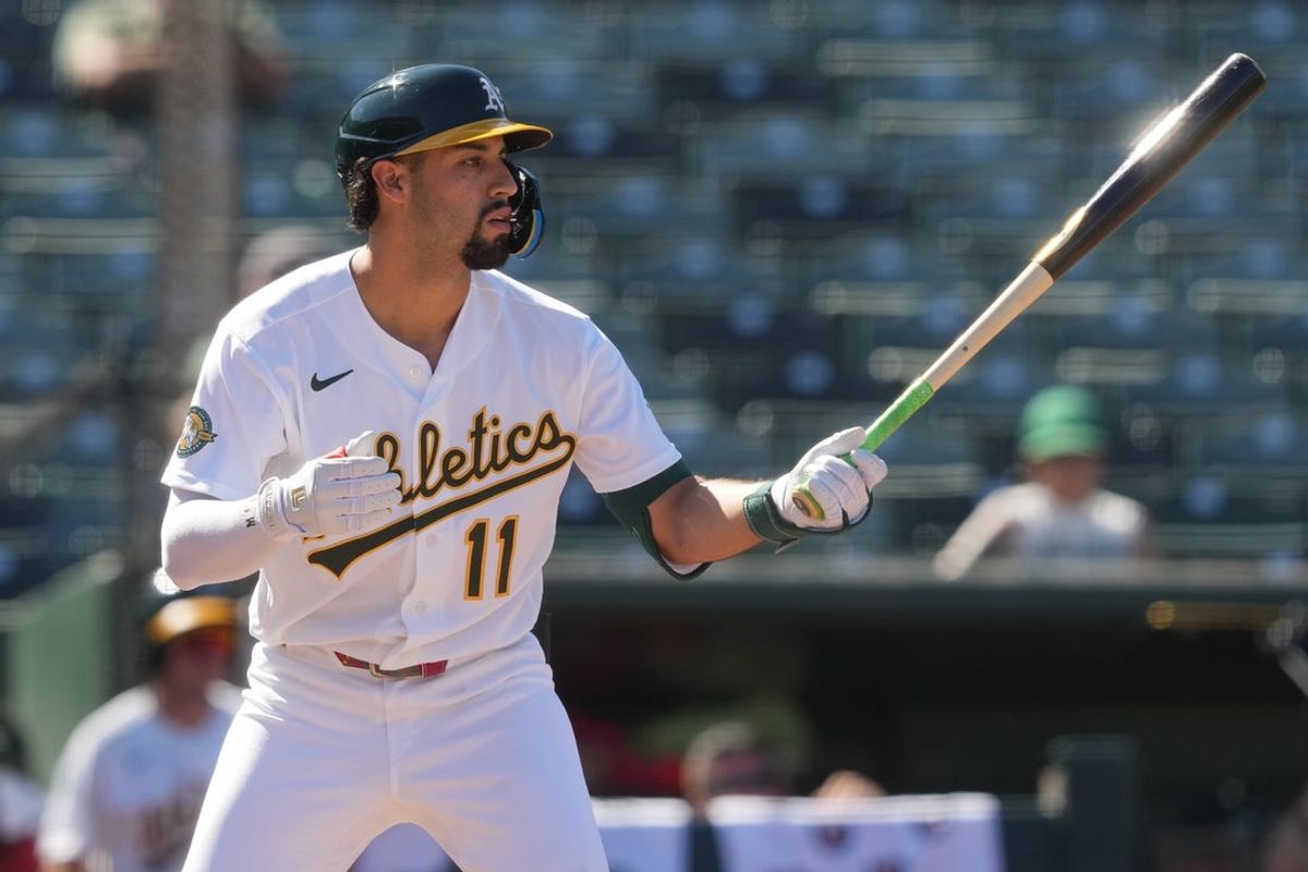 Aug 2, 2026; West Sacramento, California, USA; Athletics infielder Jonathan Ornelas (11) bats against the Detroit Tigers during the ninth inning at Sutter Health Park. Mandatory Credit: Darren Yamashita-Imagn Images