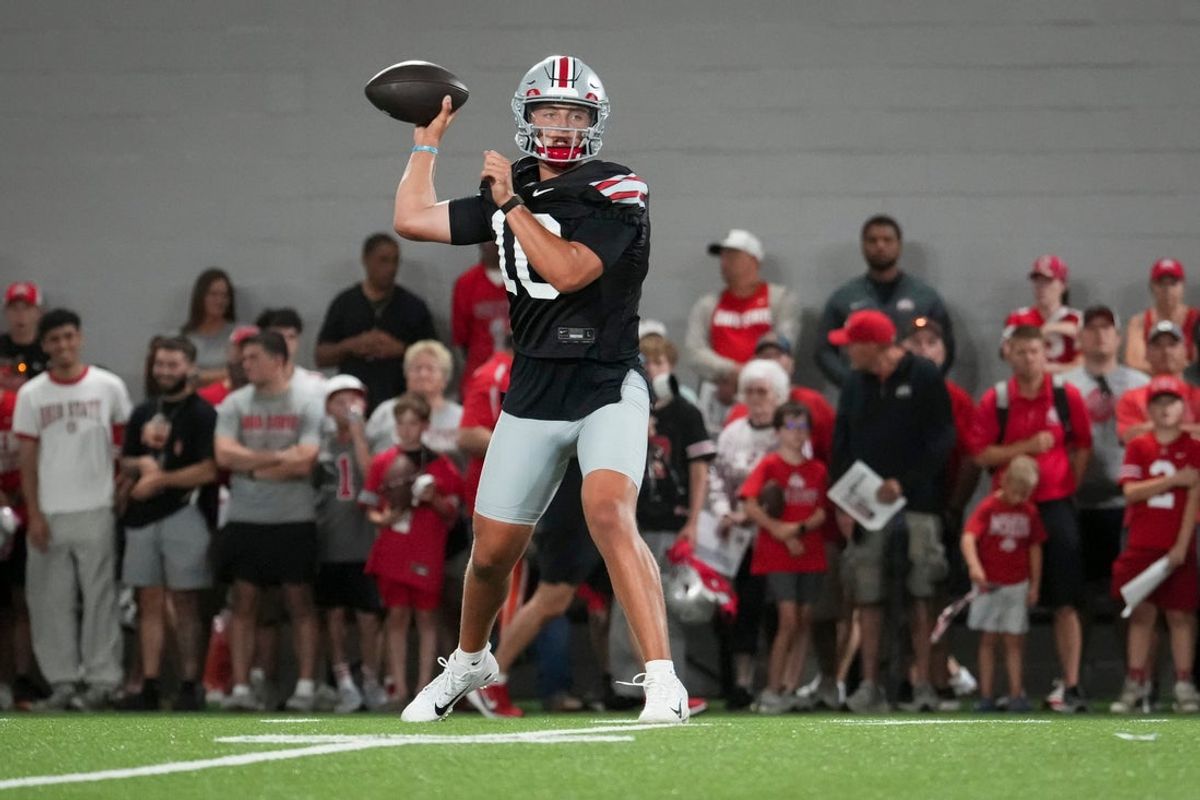 Ohio State Buckeyes quarterback Julian Sayin (10) looks to pass during football training camp inside the Woody Hayes Athletic Center in Columbus on Aug. 7, 2026.