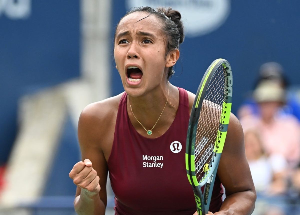 Aug 7, 2026; Toronto, Ontario, Canada; Leylah Fernandez (CAN) reacts after defeating Mirra Andreeva during third round play at Sobeys Stadium. Mandatory Credit: Dan Hamilton-Imagn Images