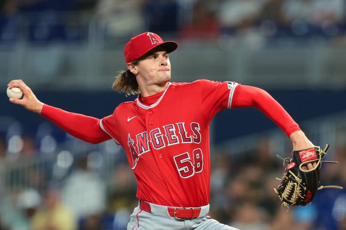 Aug 7, 2026; Miami, Florida, USA; Los Angeles Angels starting pitcher George Klassen (58) delivers a pitch against the Miami Marlins during the first inning at loanDepot Park. Mandatory Credit: Sam Navarro-Imagn Images