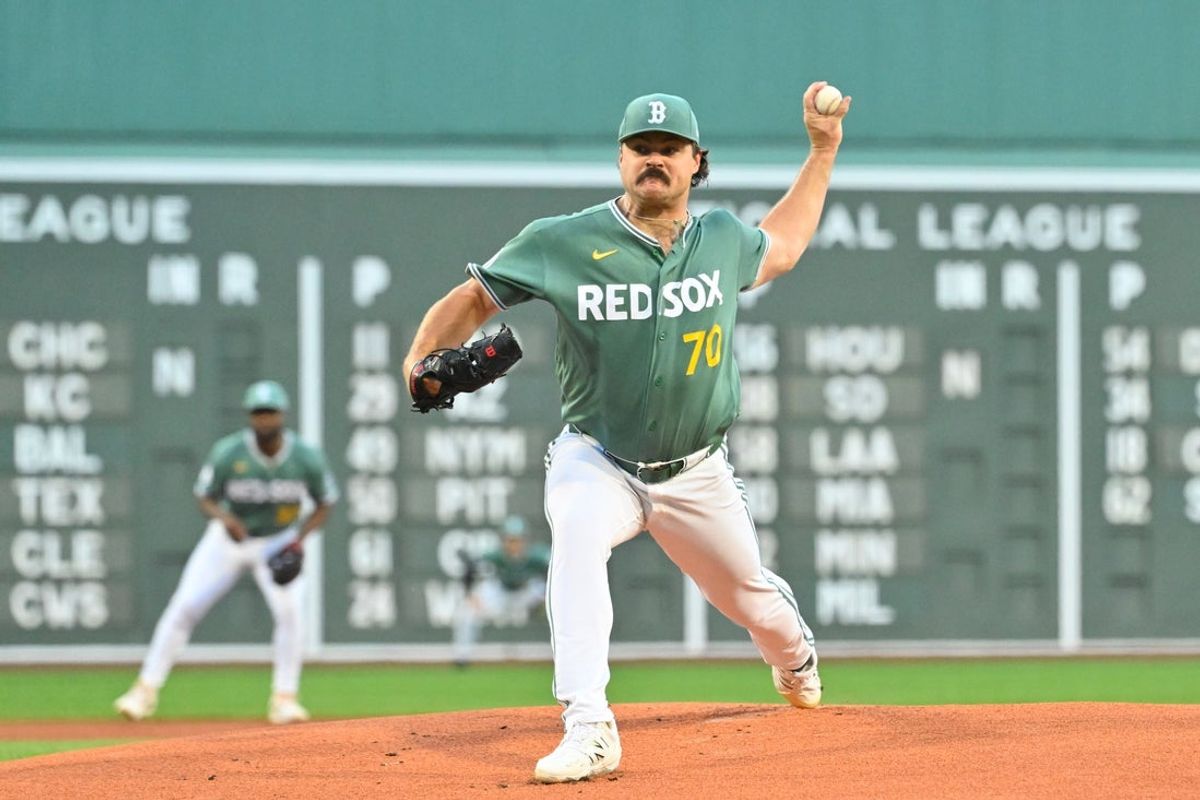 Aug 7, 2026; Boston, Massachusetts, USA; Boston Red Sox starting pitcher Payton Tolle (70) pitches against the Athletics during the first inning at Fenway Park. Mandatory Credit: Eric Canha-Imagn Images