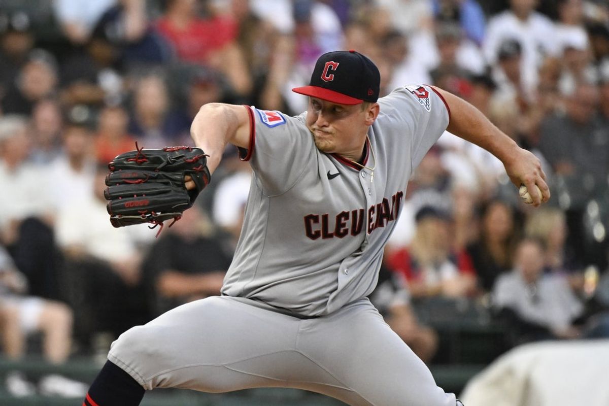 Aug 7, 2026; Chicago, Illinois, USA;  Cleveland Guardians pitcher Parker Messick (77) delivers the ball during the first inning agau8nst the Chicago White Sox at Rate Field. Mandatory Credit: Matt Marton-Imagn Images