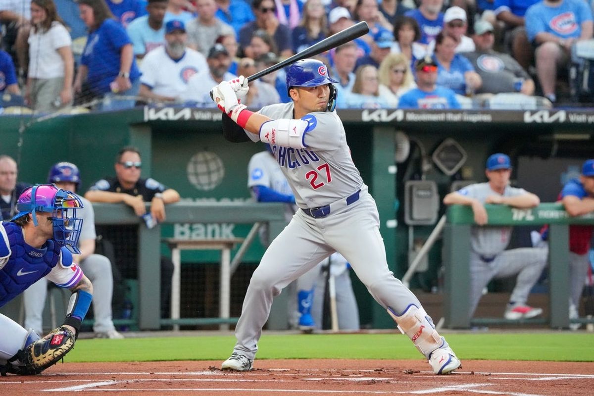 Aug 7, 2026; Kansas City, Missouri, USA; Chicago Cubs right fielder Seiya Suzuki (27) at bat against the Kansas City Royals during the first inning at Kauffman Stadium. Mandatory Credit: Denny Medley-Imagn Images