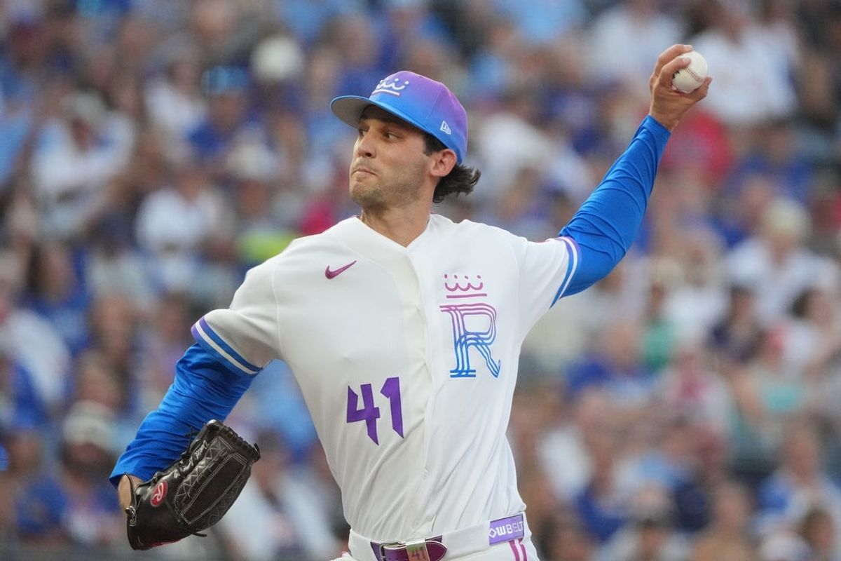 Aug 7, 2026; Kansas City, Missouri, USA; Kansas City Royals pitcher Michael Wacha (52) delivers a pitch against the Chicago Cubs during the first inning at Kauffman Stadium. Mandatory Credit: Denny Medley-Imagn Images