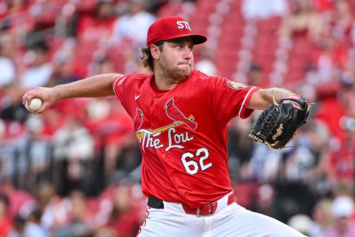 Aug 7, 2026; St. Louis, Missouri, USA; St. Louis Cardinals starting pitcher Kyle Leahy (62) throws against the Colorado Rockies during the first inning at Busch Stadium. Mandatory Credit: Jeff Curry-Imagn Images
