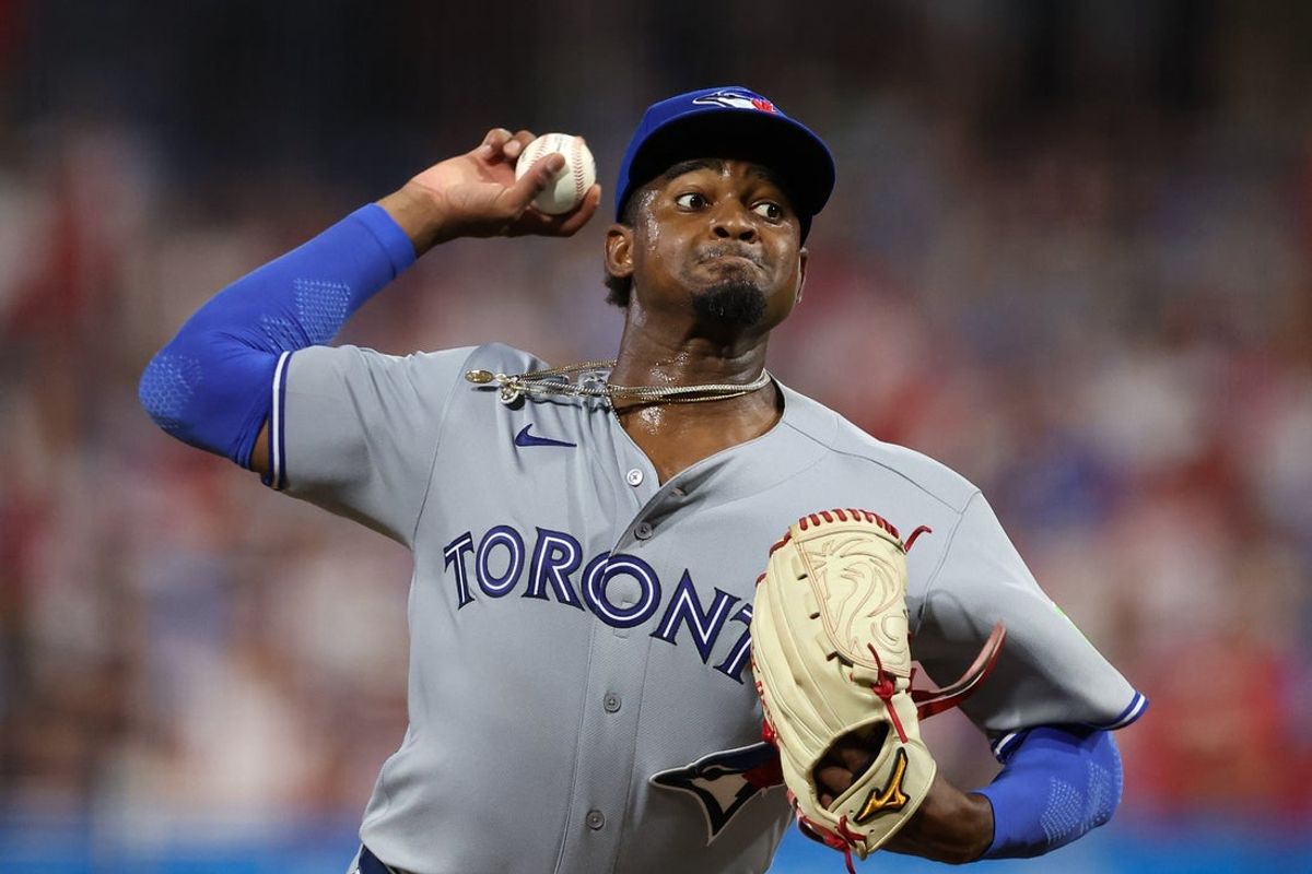 Aug 7, 2026; Philadelphia, Pennsylvania, USA; Toronto Blue Jays pitcher Jose Soriano (40) throws a pitch against the Philadelphia Phillies during the fourth inning at Citizens Bank Park. Mandatory Credit: Bill Streicher-Imagn Images