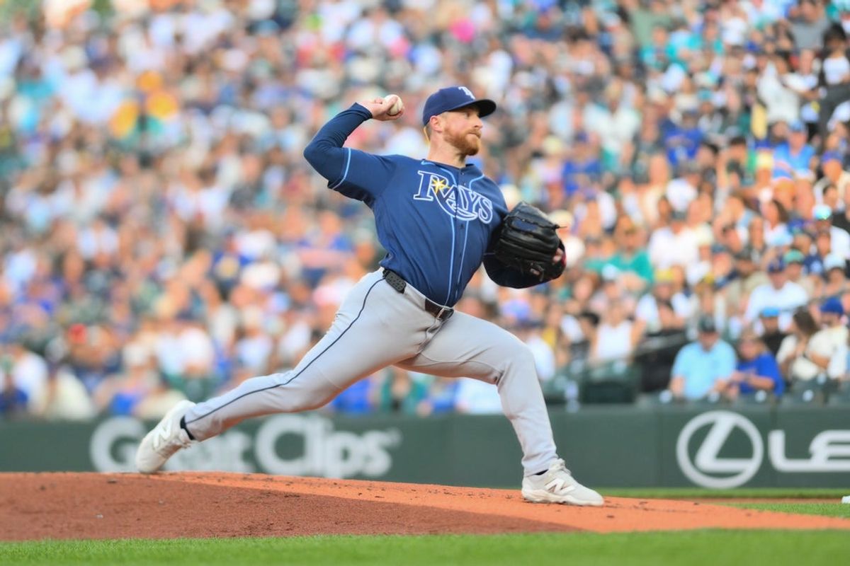 Aug 7, 2026; Seattle, Washington, USA; Tampa Bay Rays starting pitcher Drew Rasmussen (57) pitches to the Seattle Mariners during the first inning at T-Mobile Park. Mandatory Credit: Steven Bisig-Imagn Images